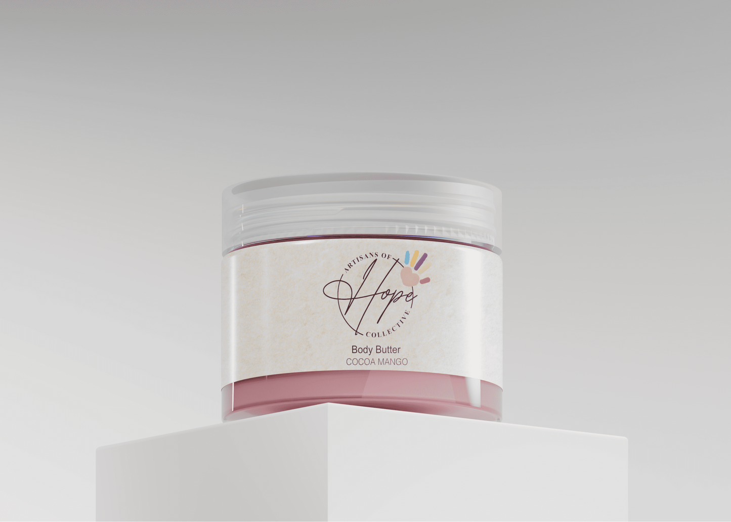 Jar of body butter with a label on a white background