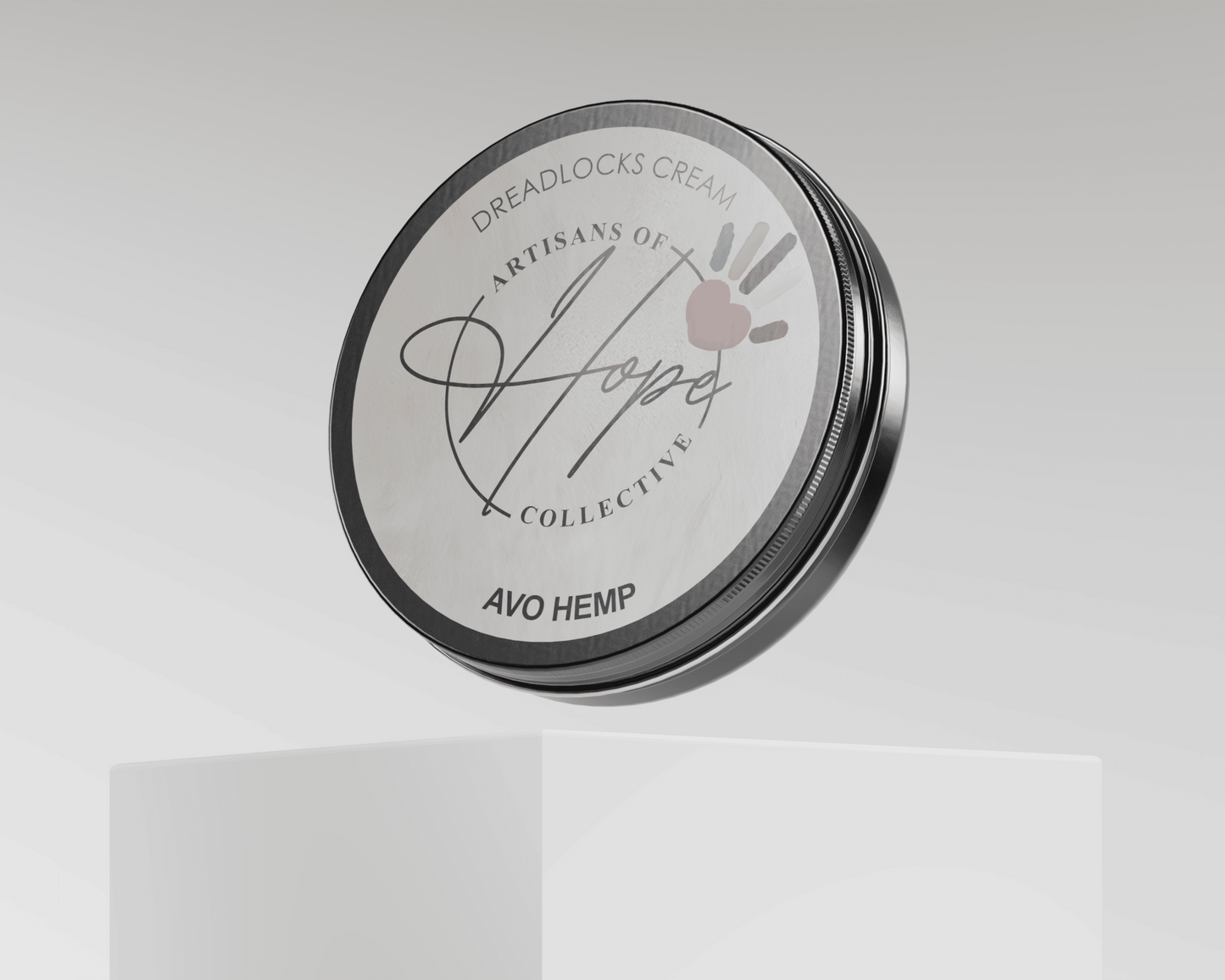 Black container with branding on a white background