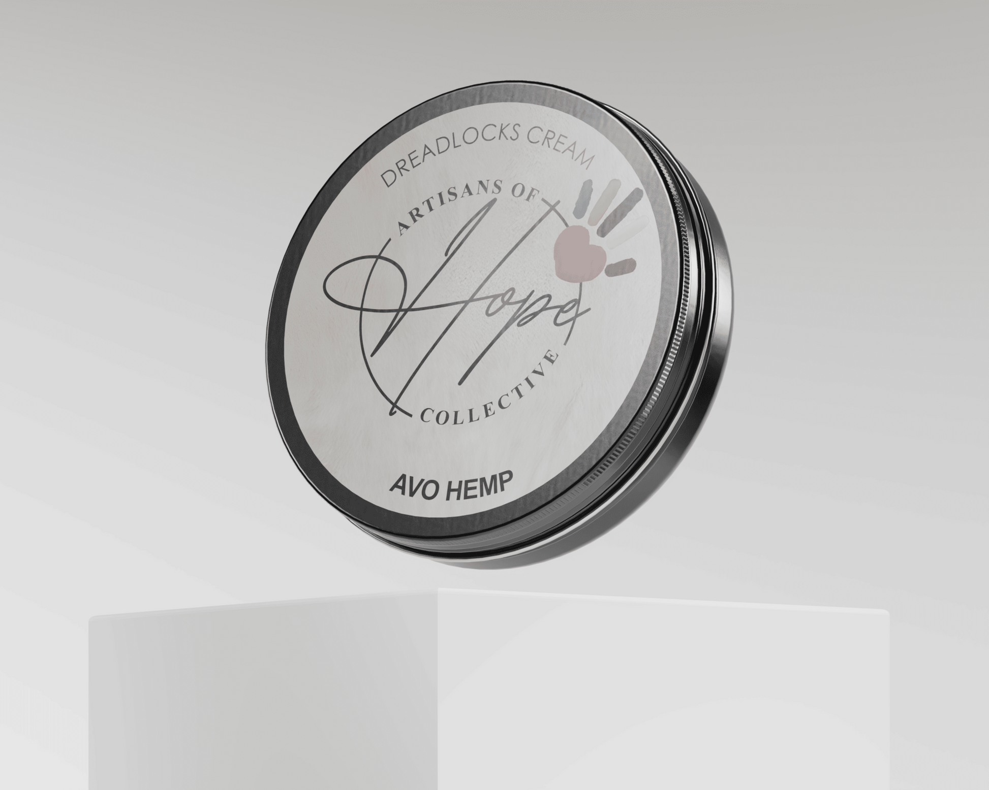 Black container with branding on a white background