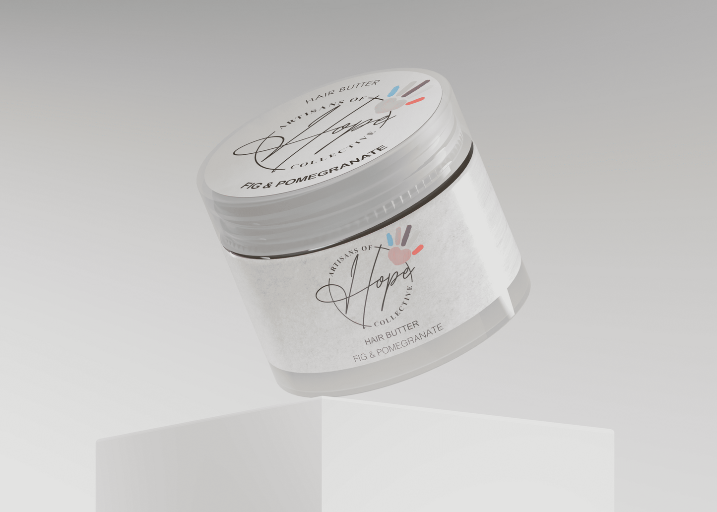 White jar with black text and design on a light gray background