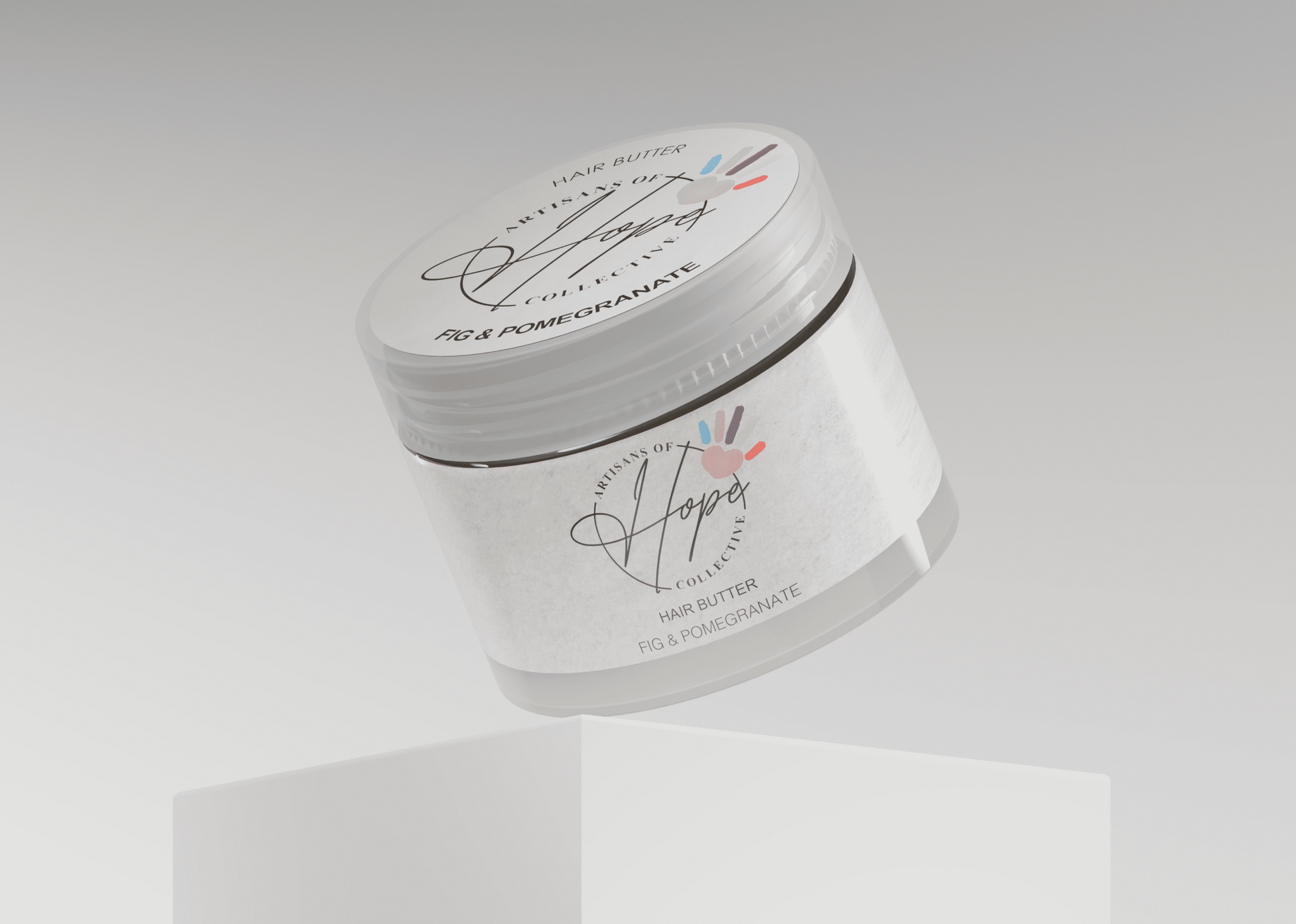 White jar with black text and design on a light gray background