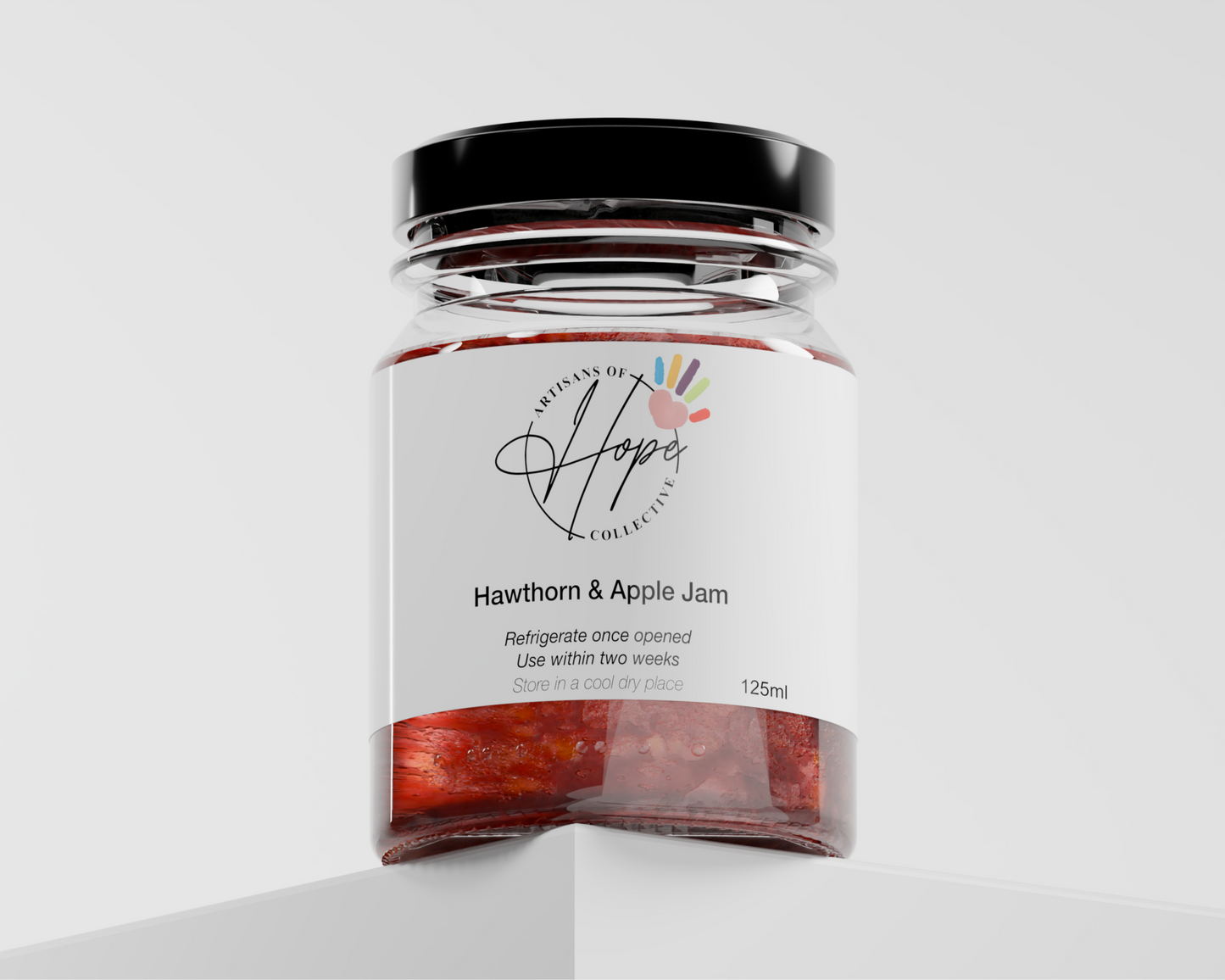 Jar of Hawthorn & Apple Jam with a white label on a white background