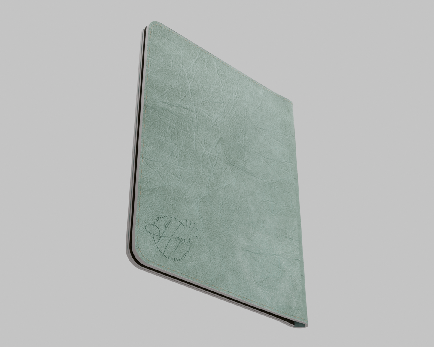Green leather passport holder on a light gray background