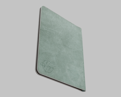 Green leather passport holder on a light gray background