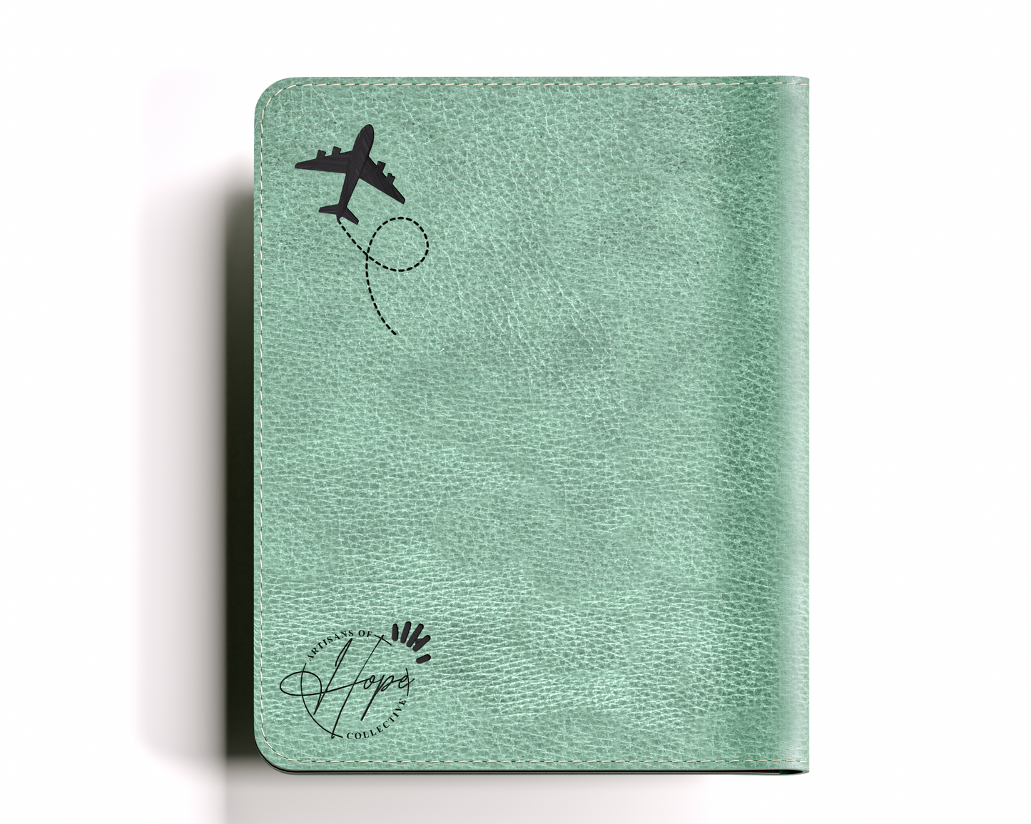 Green passport holder with airplane and logo design on a white background