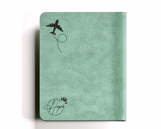 Green passport holder with airplane and logo design on a white background