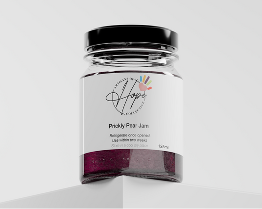 Jar of 'Prickly Pear Jam' with a white label on a light gray background