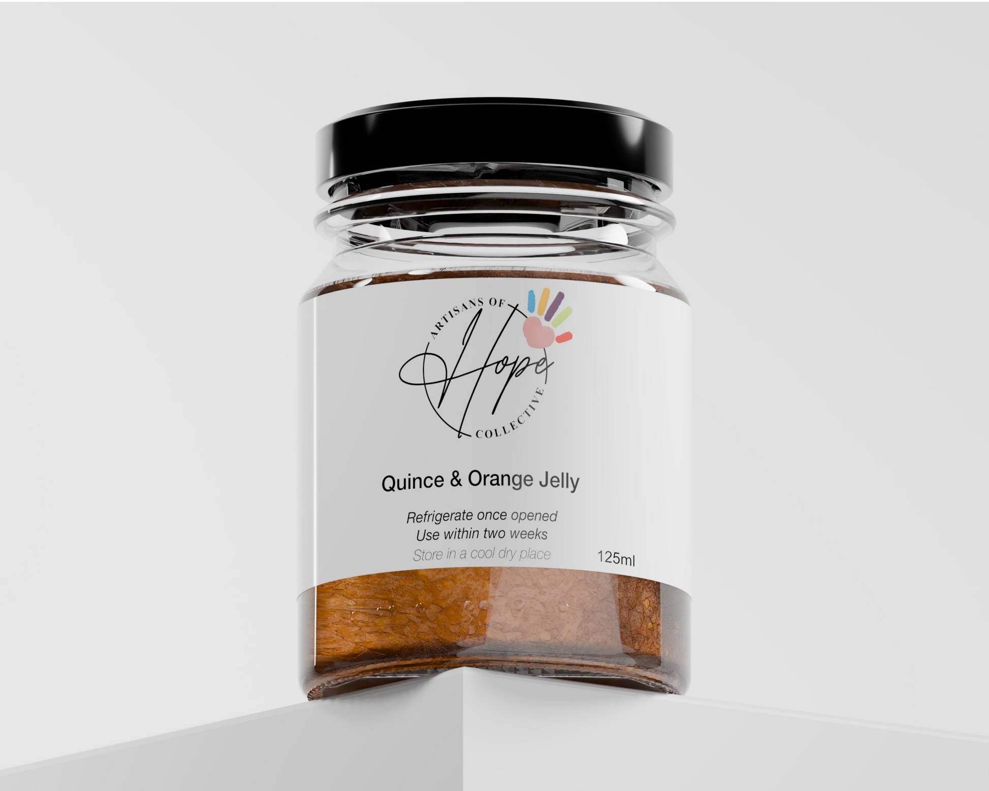 Jar of 'Quince & Orange Jelly' with a white label on a light gray background