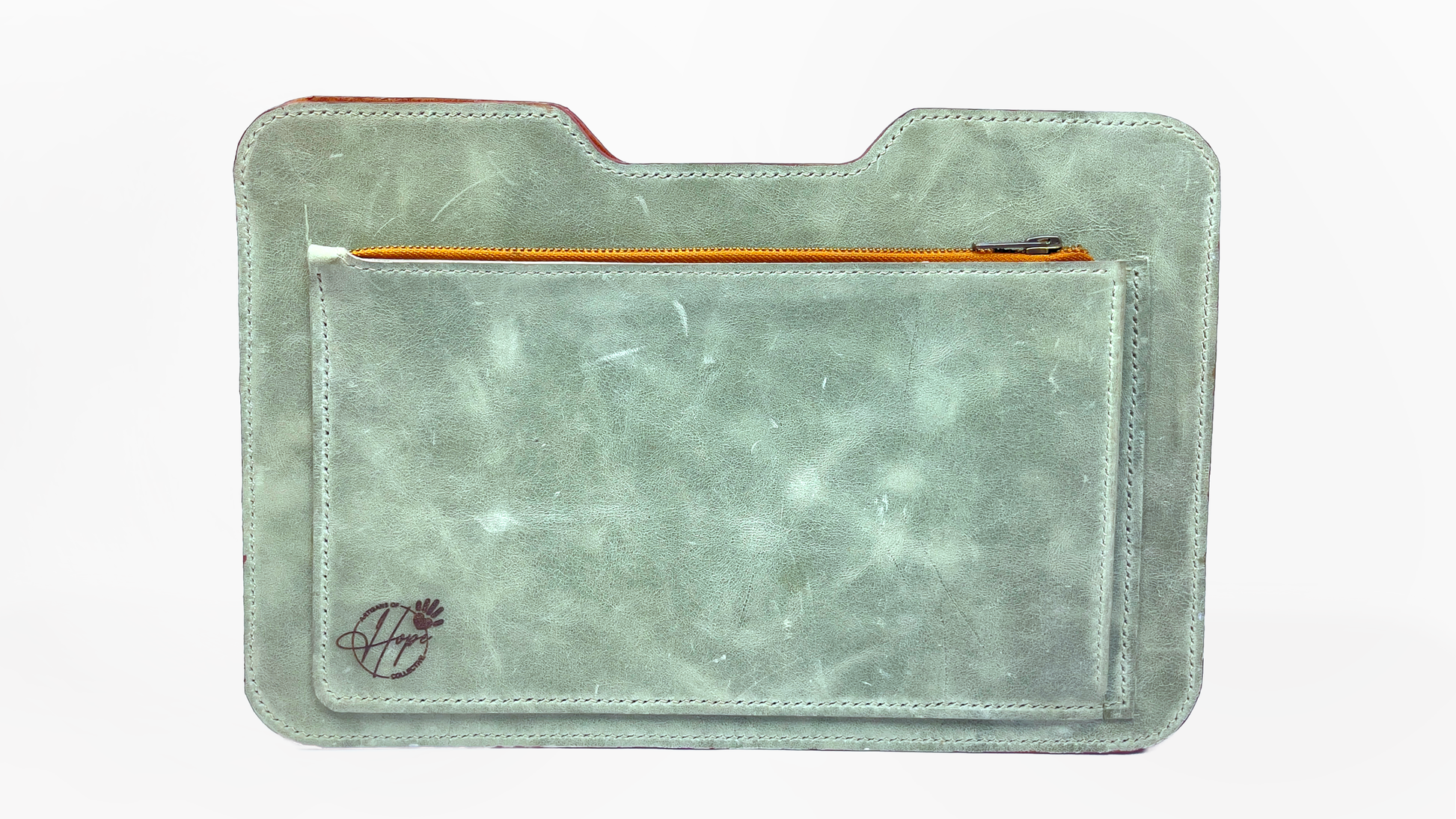 Sage laptop sleeve with a zipper on a white background